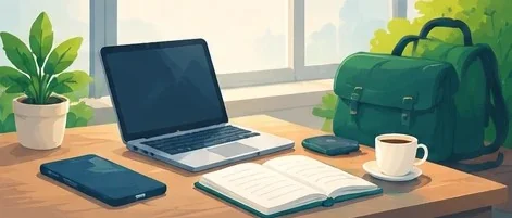 A desk by a window with a laptop, an open book and a cup of coffee