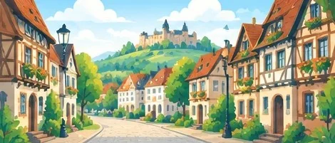 An old German town of timbered houses under a castle